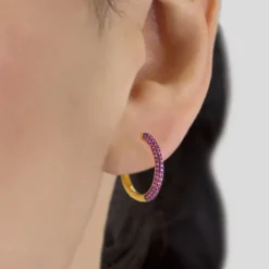 Pendientes Aro Plata Dorada y Circonitas Rosas