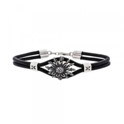 Pulsera Cuero Eguzkilore de Plata Envejecida