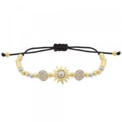 Pulsera Eguzkilore Bolitas Plata Dorada y Macramé