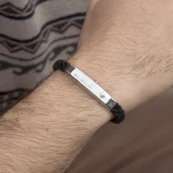 Pulsera Eguzkilore Cuero Trenzado Negro Personalizable