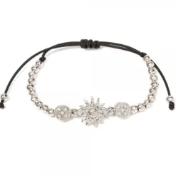 Pulsera Eguzkilore Plata con Bolitas y Macramé