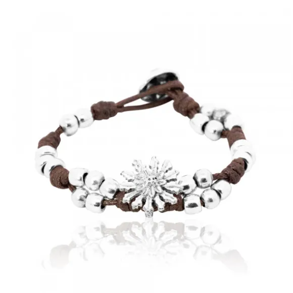 Pulsera Mari Mate con Motivo Eguzkilore y Cuerda Marrón