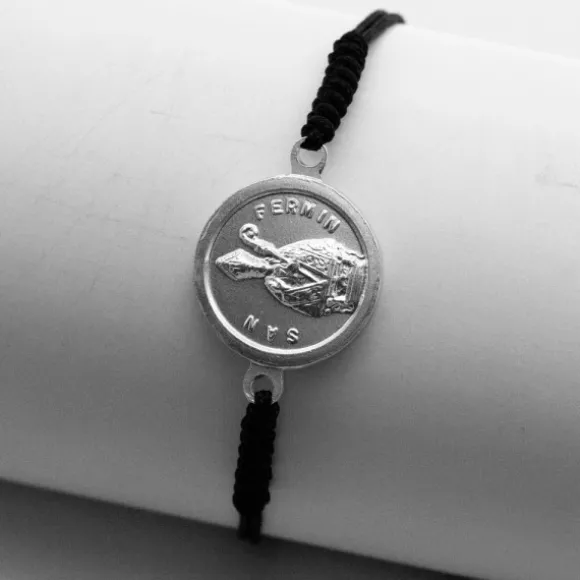 Pulsera Redonda San Fermín de Plata con Hilo Negro Personalizable
