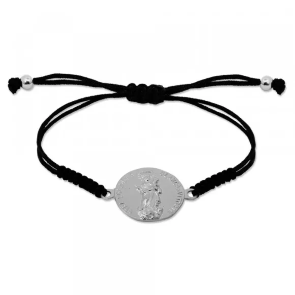 Pulsera Redonda Virgen Blanca de Plata con Hilo Negro Personalizable