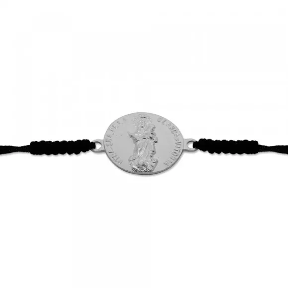 Pulsera Redonda Virgen Blanca de Plata con Hilo Negro Personalizable